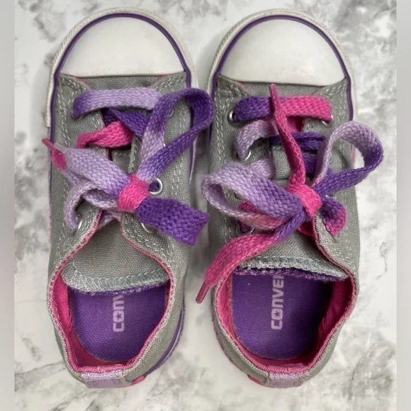 Converse All Star Toddler Gray Pink Purple Lace Up Shoes - Picture 7 of 10